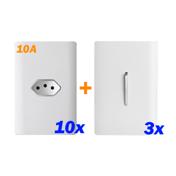 Kit 10 Tomadas 10A + 3 Interruptores Simples 4x2 - Dicompel Novara Branco Cromado